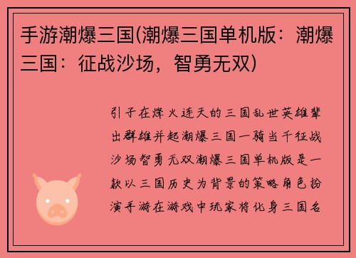 手游潮爆三国(潮爆三国单机版：潮爆三国：征战沙场，智勇无双)