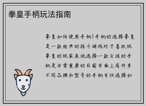 拳皇手柄玩法指南
